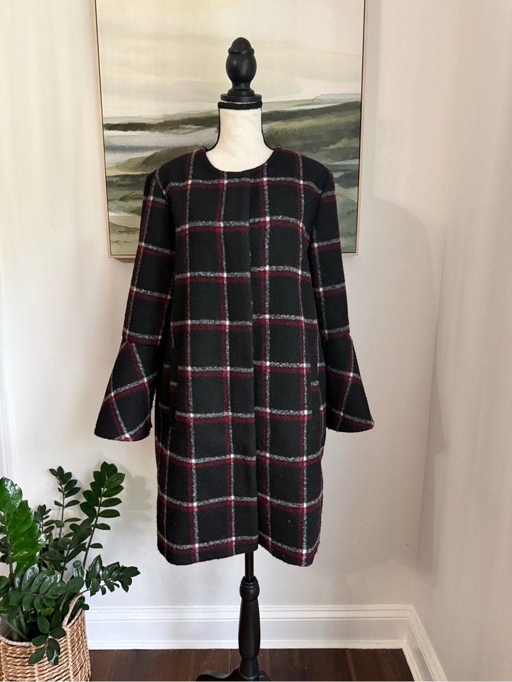 BB Dakota Black Plaid Pea Coat with Burgundy Accents